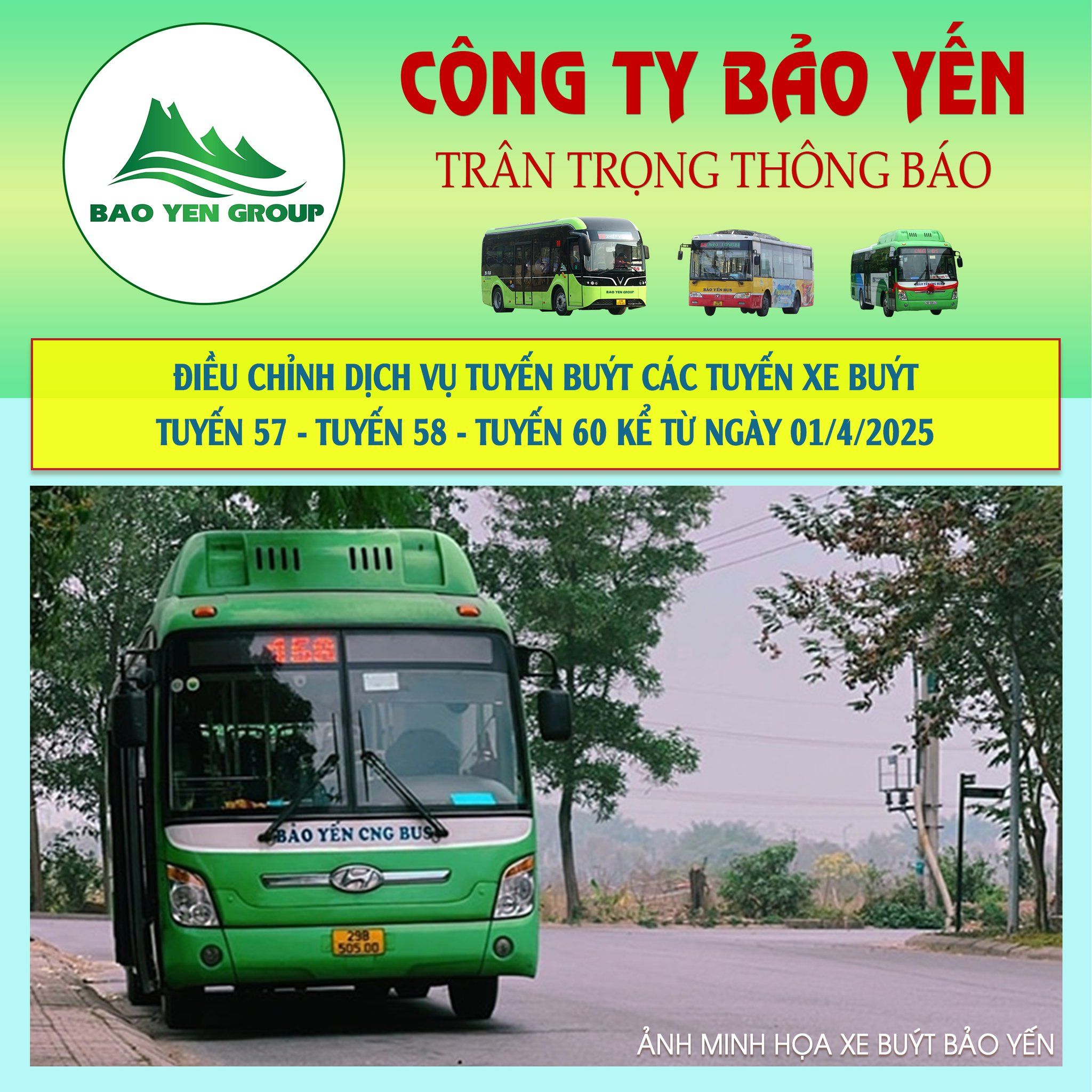 Điều chỉnh dịch vụ Tuyến buýt 57 - 58 - 60 của Công ty Bảo Yến